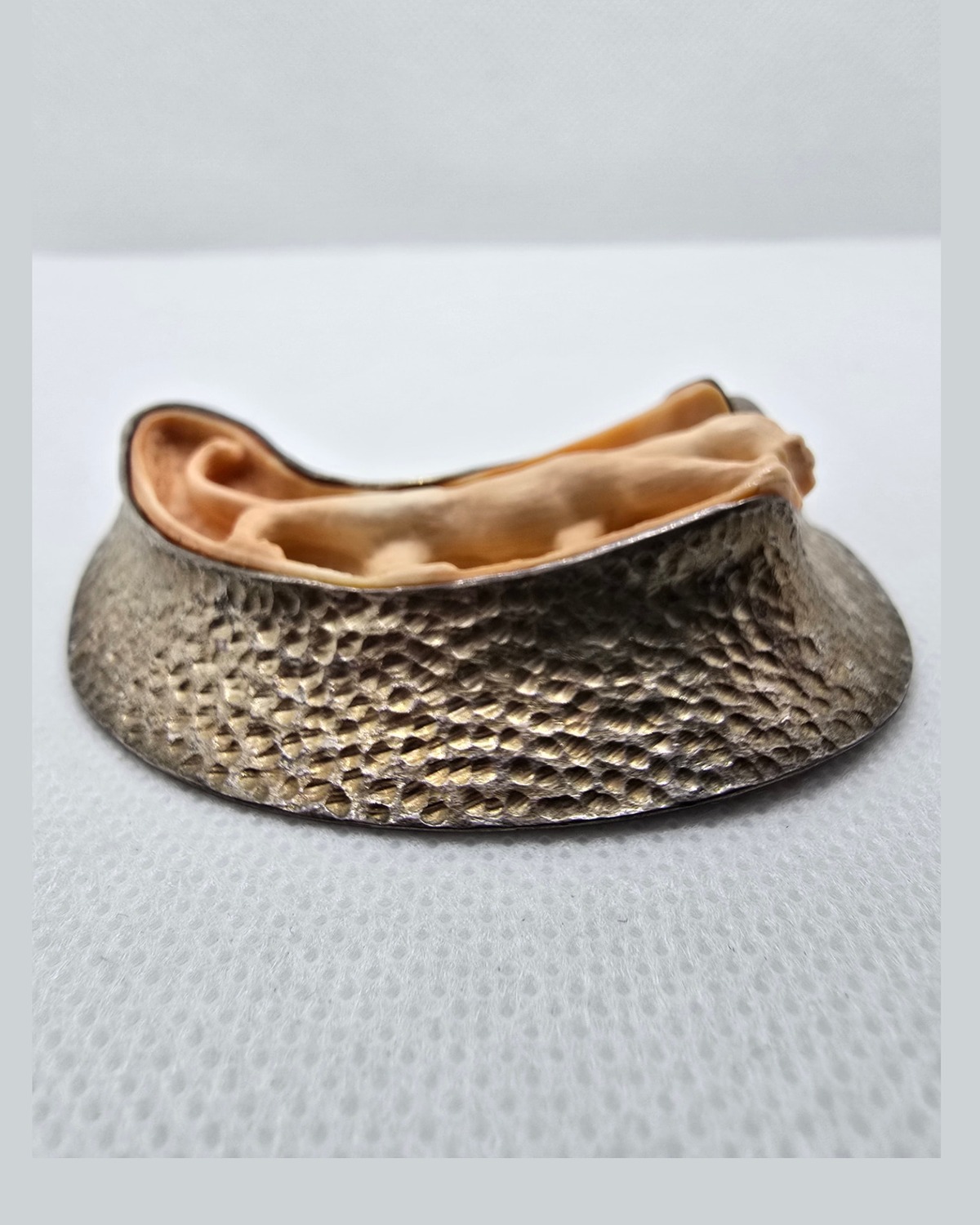 The Crescent — low side-angle view showing how far the carved feline projects above the shell background within the hammered surround