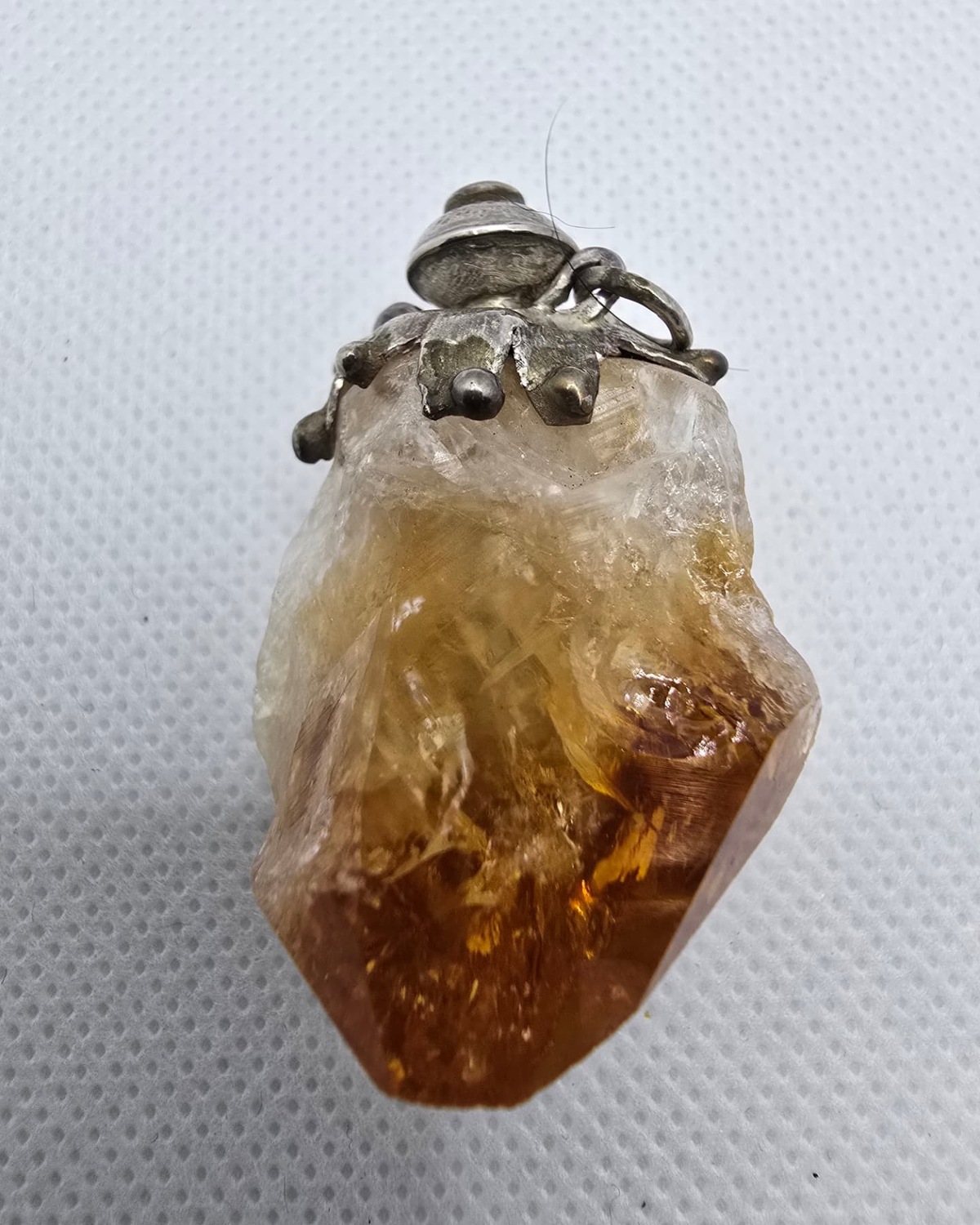 Citrine crystal vessel with silver mount, front view