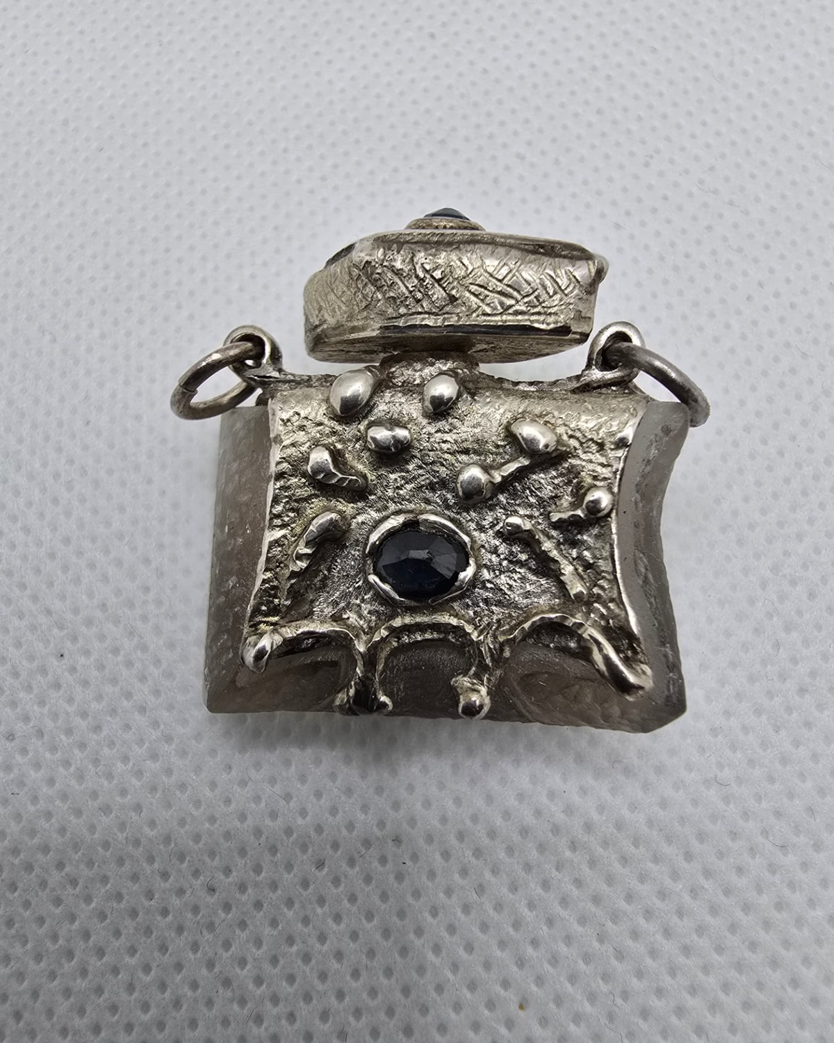 Crystal and sapphire silver flask, front view