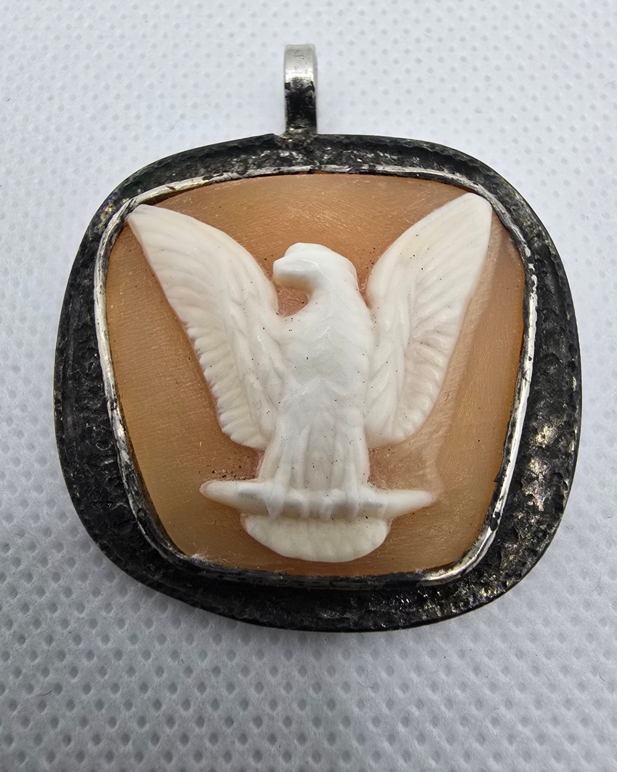 The Eagle — hand-carved natural shell cameo of an eagle with wings fully spread against a warm peach-brown shell background, in a wide darkened handcrafted silver frame