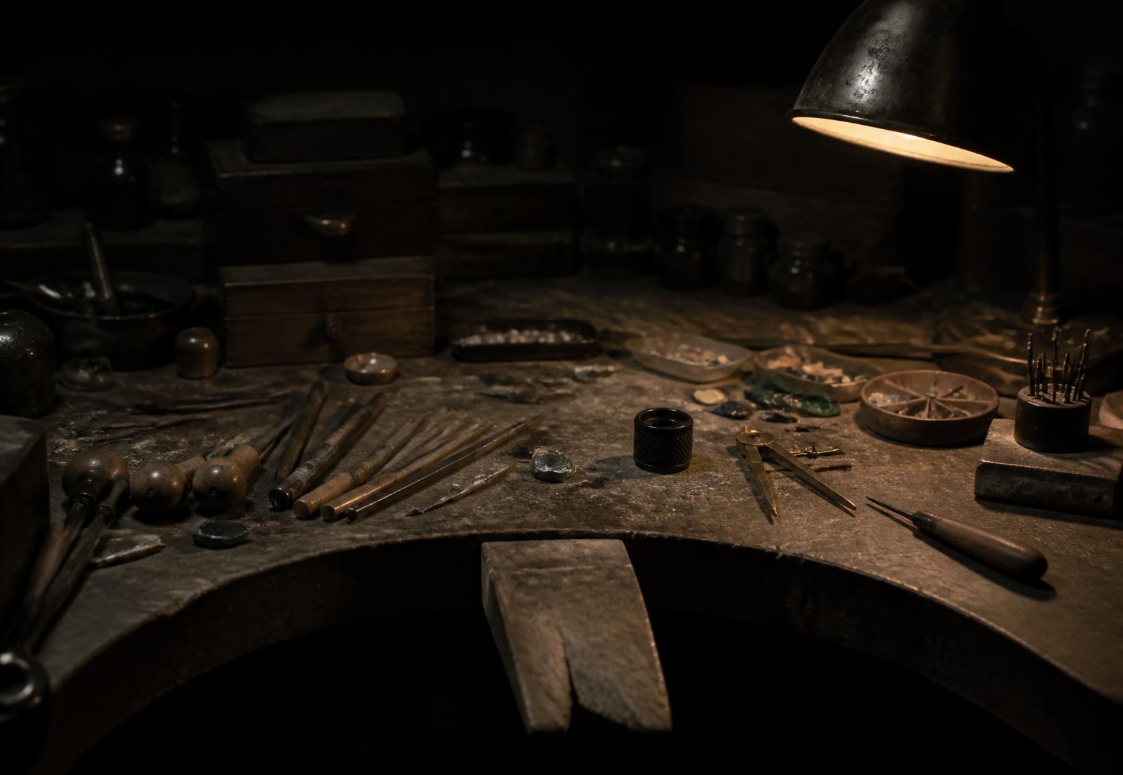 The jeweller's bench: files, gravers and stone offcuts under a single lamp